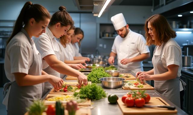 A group of students actively participating in a cooking class, learning from a chef.