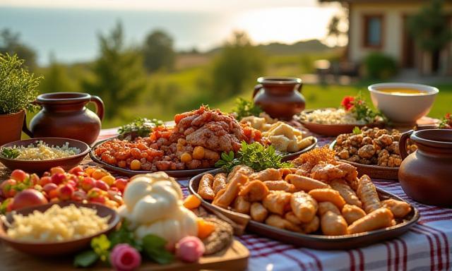 Traditional Romanian dishes laid out in a scenic outdoor setting in Vama Veche.
